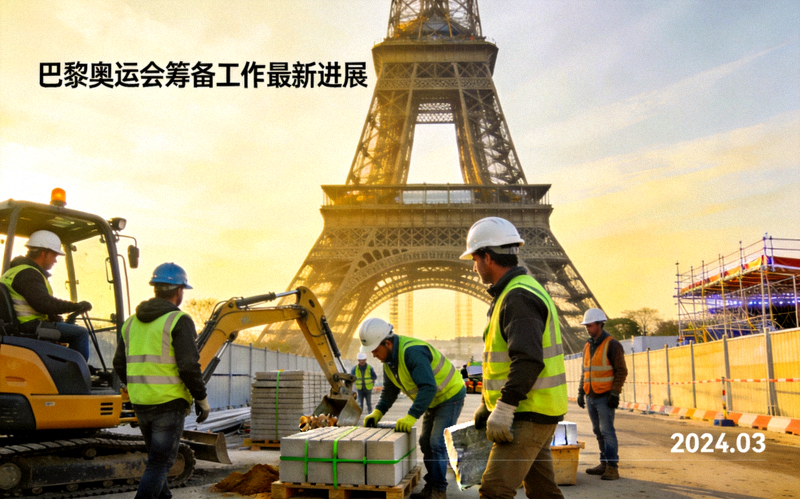 巴黎奥运会筹备工作最新进展新闻配图 - 埃菲尔铁塔前工人施工场景